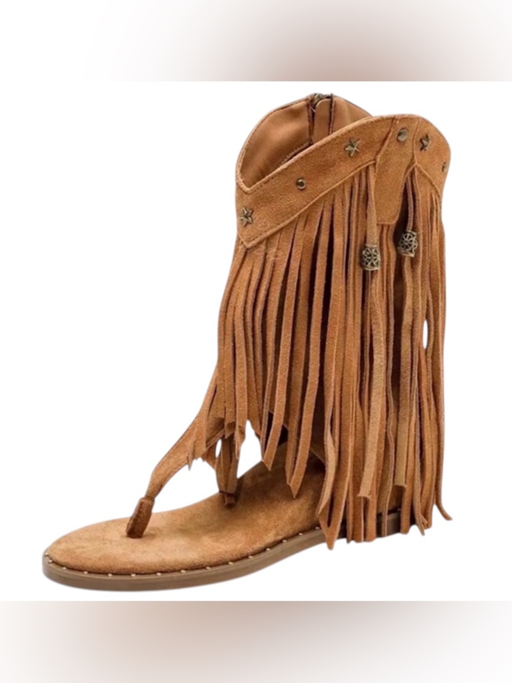 Bohemain Fringe Brown Faux Suede Ankle Height Boot/Sandals Hybrid Size 10.5